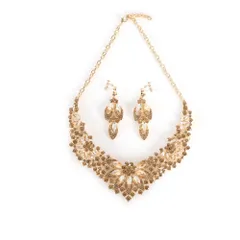 [ＫＫ　Ｓｏｌｉｓ] フラワーモチーフ ゴージャスネックレス＆イヤリング大ぶり 豪華 高見えビジューアクセサリー 結婚式 二次会 パーティー 演奏会 発表会 舞台映え ドレスアップ (スモーキーゴールド・イヤリングセット) [スモーキーゴールド]