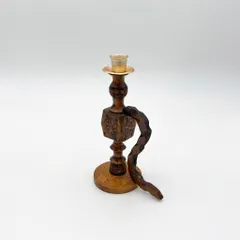 英国 ヴィンテージ 木製 キャンドルスタンド 彫刻 真鍮 燭台 蝋燭立て オブジェ 置物 ディスプレイ キャンドルホルダー 民芸 95664