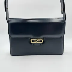 GUCCI（グッチ）ヴィンテージ GGロゴ レザー ショルダーバッグ ネイビー ゴールドトーン金具 レディース 肩掛けバッグ フラップバッグ