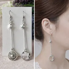 1436 小さな星と月と太陽 アンティークチャームのロングピアス「シルバー」ら