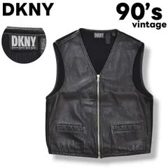 90s ヴィンテージ ダナキャラン DONNAKARAN DKNY 牛革 カウハイド レザー x アクリル ニット 切替 デザイン ベスト ジップアップ M ブラック アメカジ レトロ モード カジュアル メンズ