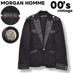 00s archive モルガン オム MORGAN HOMME モード カジュアル デザイン 1B シングル テーラード ジャケット ピークドラペル ノーベント エポレット エンブレム ボタン L ブラック デザイナーズ メンズ