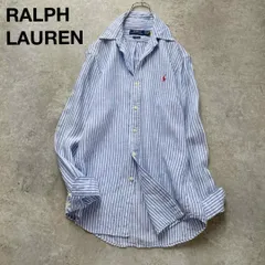 ポロ ラルフローレン リネン100% ストライプシャツ リネンシャツ 長袖 ロングスリーブ ロゴ刺繍 ポニー刺繍 レディース Lサイズ相当　美品