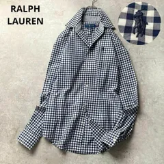 ラルフローレン ギンガムチェック コットンシャツ 長袖 ロングスリーブ 紺 ネイビー 白 ホワイト ロゴ刺繍 ポニー刺繍 レディース 0サイズ XS S相当
