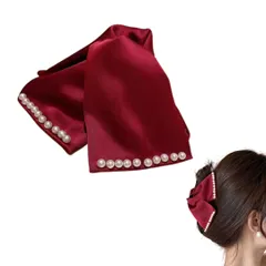 ヘアクリップ リボン 大きめ バンスクリップ 髪留め おしゃれ しっかりとまる 大人 ヘアアクセサリー 可愛い 韓国 髪飾り 軽い 結婚式 入学式 卒業式 デート オフィス 贈り物 レディース パール サテン (レッド) [レッド]