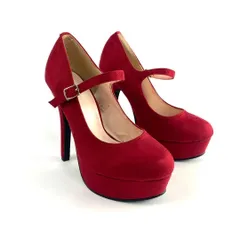 新品 13cmヒール美脚メイクストラップパンプス レッドスエード 22cm