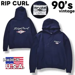 90s ヴィンテージ USA製 リップカール RIP CURL ロゴ プリント パーカー フーディー スウェット トレーナー 裏起毛 M ネイビー ストリート サーフ アメリカン カジュアル ウェア メンズのサムネイル