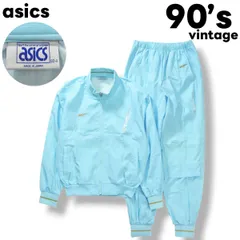 90s ヴィンテージ 日本製 アシックス asics ウィンド ウェア トラック スーツ セットアップ 上下 ジャケット x パンツ ベンチレーション M ライトブルー スポーツ カジュアル タウンユース レジャー メンズ