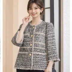 Flolia フロリア ツイードジャケット M セレモニー フリンジ ゴールドボタン ノーカラー ブラックホワイト フォーマル 入学式 卒業式