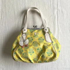 希少　00s　archive　ANNA SUI　アナスイ　蕾型がま口　ハンドバッグ　鞄　イエロー布地×エナメル　花柄ラメプリント　フラワー　シルバープレート　パピヨン　蝶型チャーム付　総ロゴ裏地　平成ギャル　Y2K　flower design hand bag