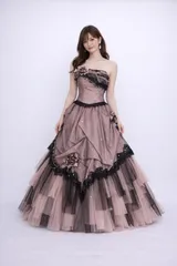 モーブピンク カラードレス ブラックレース フリルチュールドレス 豪華ドレス ゴスロリ ロリータ 7号 9号 11号 Sサイズ Mサイズ 結婚式 二次会 前撮り フォトウェディング パーティー 舞台衣装 演奏会