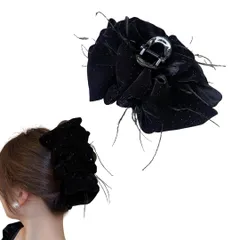 バレッタ 大きめ リボン クリップ サテン シフォン ヘアアクセサリー 大人 ヘアクリップ 髪留め おしゃれ 結婚式 バンスクリップ ヘアクリップ 大きめ おしゃれ しっかりとまる バレッタ かわいい 可愛い 韓国 (ブラック, ベロ [ブラック] [ベロア]