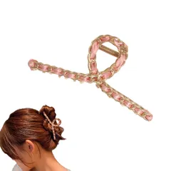 ヘアクリップ 大きめ バンスクリップ おしゃれ 髪留め しっかりとまる 結婚式 ヘアアクセサリー リボン バレッタ メタル かわいい 可愛い 韓国 チェーン まとめ髪 ヘアアクセ 髪飾り ヘアアレンジ (ピンク) [ピンク]