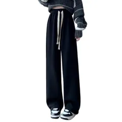 [CALM.st] ワイドパンツ 裏起毛 レディース イージーパンツ 秋冬 コーデュロイ 美脚 ボトムス リブ カジュアル ウエストゴム 日常 パンツ キレイめ 大人 シンプル おしゃれ 部屋着 コスパ 良い 暖パン 人気 スト [ブラック(標準)] [XL]