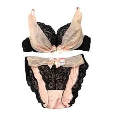 aimerfeel エメフィール ブラジャー＆ショーツセット C75/L ピンクベージュ×ブラック レース リボン ランジェリー 下着 ブラショーツセット Lingerie Bra Panties Set