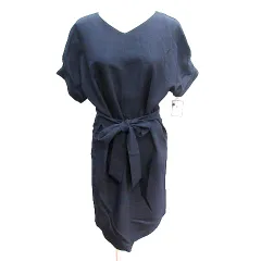 ロペピクニック ROPE Picnic ワンピース ひざ丈 Vネック リボン 半袖 ウエストマーク 38 M 紺 ネイビー /AU