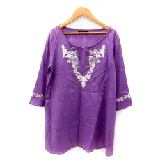ルスーク Le souk チュニック 七分袖 フレアスリーブ スリットネック 刺繍 38 M 紫 パープル /SY28