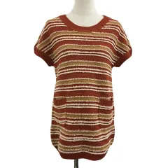 グローブ grove チュニック セーター ニット プルオーバー Uネック ボーダー ラメ 半袖 M 赤 ベージュ レッド