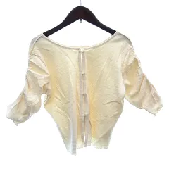 カスタネ Kastane ニット カーディガン ワッフルジップ地 シャーリング 七分袖 F クリーム色 白 ホワイト /AU