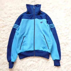 アディダス　adidas　70s　80s　西ドイツ　デサント製　トラックジャケット　ジャージ　トレフォイル　バイカラー　短丈　ハイネック　スリーライン　在原みゆ紀さん着用　ブルー　水色　ヴィンテージ　ユニセックス　メンズ　レディース
