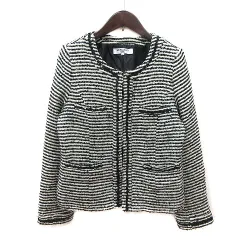 ナチュラルビューティーベーシック NATURAL BEAUTY BASIC ノーカラージャケット ボーダー スパンコール 総裏地 M 黒 ブラック 白 ホワイト /MS