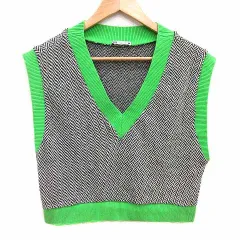 ザラ ZARA ニットベスト プルオーバー ヘリンボーン柄 L 緑 グリーン 黒 ブラック /YK
