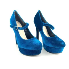 新品 13cmヒール美脚メイクストラップパンプス ベロアブルー 23cm