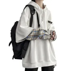 [FJLTDCP] パーカー メンズ 長袖 フェイクレイヤード 重ね着風 チェック柄 おおきいサイズ カジュアル ゆったり スウェット トップス プルオーバwhite-XL 1