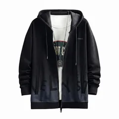 [foveitaa] パーカー メンズ ジップ パーカー グラデーション 長袖 トレーナー スウェット プルオーバー 春秋冬服 ゆったり フード付き おしゃれ シンプル レイヤード トップス Black-2XL 1