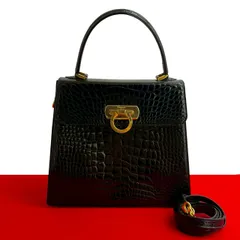 極 美品 Salvatore Ferragamo フェラガモ ガンチーニ クロコダイル レザー 本革 2way ハンドバッグ ショルダーバッグ ブラック 145-1