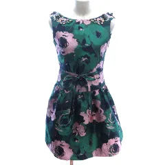 マーキュリーデュオ MERCURYDUO ワンピース ひざ丈 ジャガード ビジュー 花柄 ノースリーブ ウエストマーク F 緑 グリーン /AU