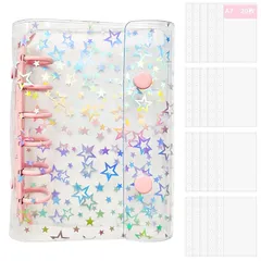 Evbyws シール帳 女の子 星柄【20枚リフィル付き】A7 クリアバインダー シール手帳 3層構造PPシートカードスリーブ はがせる 推し活 文房具 メモ カード コラージュノート 写真整理 便利ファイル ピンク 0