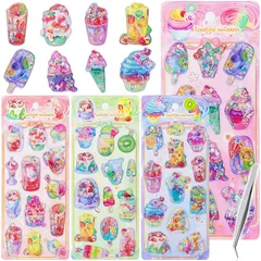 ウォーターシール 水入りシール ぷくぷく 3D 立体【4枚セット+ピンセット付き】スパンコール入り キラキラ 浮き出し 可愛い カラフル 手帳用装飾 日記帳用 携帯電話飾 DIY クラフト 女の子 誕生日プレゼント 贈り物 手芸用品 デコシール 貼り付け可 1