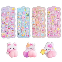ぷにぷに 立体3Dシール 4枚セット かわいい動物キャラクター ご褒美ステッカー 手帳 ノート スマホデコ スクラップブック シール帳用 パステルカラー 子供・女の子向け 景品 プレゼント 1