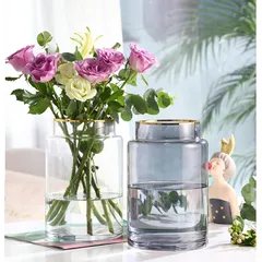 【新品】 YHOMBES ガラス 花瓶 大 おしゃれ フラワーベース 大きめ 透明 花器 水栽培 生け花 造花 おしゃれ シンプル インテリア 花瓶 オシャレ(グレー 金縁-大（高さ:23cm） 1