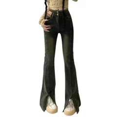 [AQUA Marine] フレアデニムパンツ レディース スプリット フレアシルエット ハイウエスト ジーンズ デニム ボトムス ヴィンテージ風 大人カジュアル フロントスリット (JP, アルファベット, L, 標準, デニム [デニム] [L] [標準]