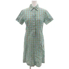 ラコステ LACOSTE シャツワンピース ロング 40 ロゴ刺繍 マルチカラー 緑 グリーン チェック柄 シャツカラー 半袖 ECF001 /KR ■ECF001