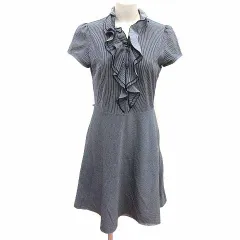 ストロベリーフィールズ STRAWBERRY-FIELDS シャツワンピース フレア ひざ丈 フリル ストライプ 半袖 紺 ネイビー 白 ホワイト /YK