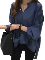 [アスペルシオ] エレガント シャツ きれいめ 長袖 トップス レディース ブラウス プルオーバー ギャザー 可愛い ロングシャツ とろみ オフィス リボン vネック カットソー バルーン フォーマル 着痩せ かわいい オーバーサ [ネイビーブルー] [XL]