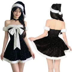 [mewin] 【日本企業】 サンタ ラインストーン キラキラ コスプレ 5点セット リボン スカート 黒 ブラック セクシー 可愛い かわいい サンタクロース コスチューム レディース ドレス ワンピース (ブラック) [ブラック]
