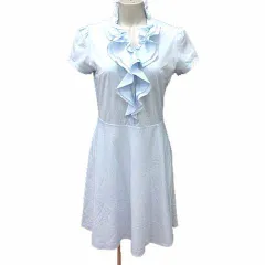 ストロベリーフィールズ STRAWBERRY-FIELDS シャツワンピース フレア ひざ丈 フリル 半袖 青 ブルー 白 ホワイト /YK