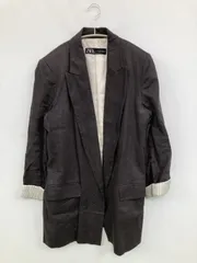 ZARA ザラ テーラードジャケット L ブラック リネン・麻 無地 ミドル丈 フードなし シングル