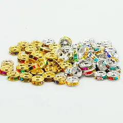平型 200個 ゴールド 8mm シルバー 各100個 ラインストーン付き スペーサービーズ メタル PLAYER】ロンデル ビーズ アクセサリーパーツ ジュエリー 手芸 クラフト用品 【BEAUTY 手作り素材 DIY材料 (8mm 混合色)