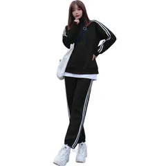 [ReiLuana] ジャージ レディース 上下 セット スウェット セットアップ ルーム ウェア 部屋着 ゆったり 人気 可愛い おしゃれ カジュアル スポーツ 長 袖 ズボン スエット 2点セット ジム 韓国 大きい 体型 カバー シ [ブラック] [M]