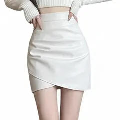 [ReiLuana] ミニ スカート タイト ハイウエスト シャーリング スリット 無地 フェイク レザー セクシー (JP, アルファベット, L, ホワイト) [ホワイト] [L]