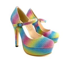 新品 13cmヒール美脚メイクストラップパンプス グリッターレインボー 22cm