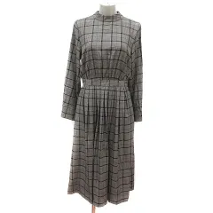 プラステ PLST ワンピース ロング チェック 長袖 M 茶 ブラウン 白 アイボリー /MS