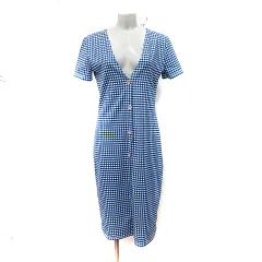 ザラ ZARA ワンピース ロング ギンガムチェック 半袖 L 青 ブルー 白 ホワイト /YI