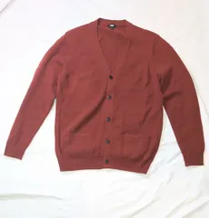 【223343】UNIQLO ユニクロ  ラムVネックカーディガン　ウール100％　ニット　編み込み　ユニセックス　L メンズ  ・ レッド