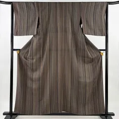 小紋 身丈157.5cm 裄丈64.5cm M 単衣 縦縞 灰茶 正絹 名品 【中古】